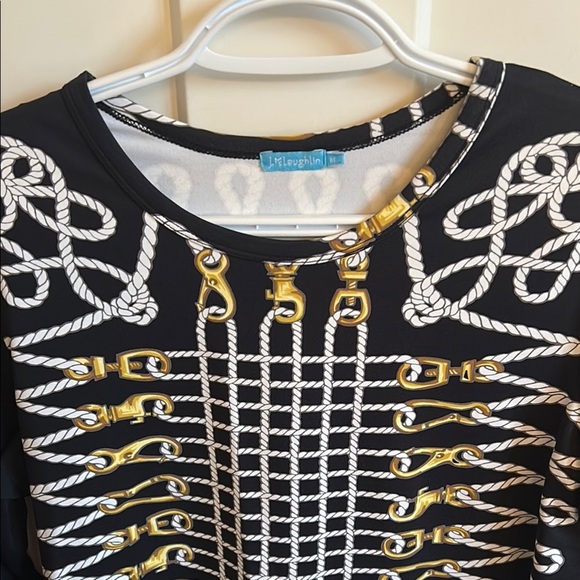 J. McLaughlin Black, White & Gold Nautical 3/4 Sleeve Top, size M - Picture 2 of 6